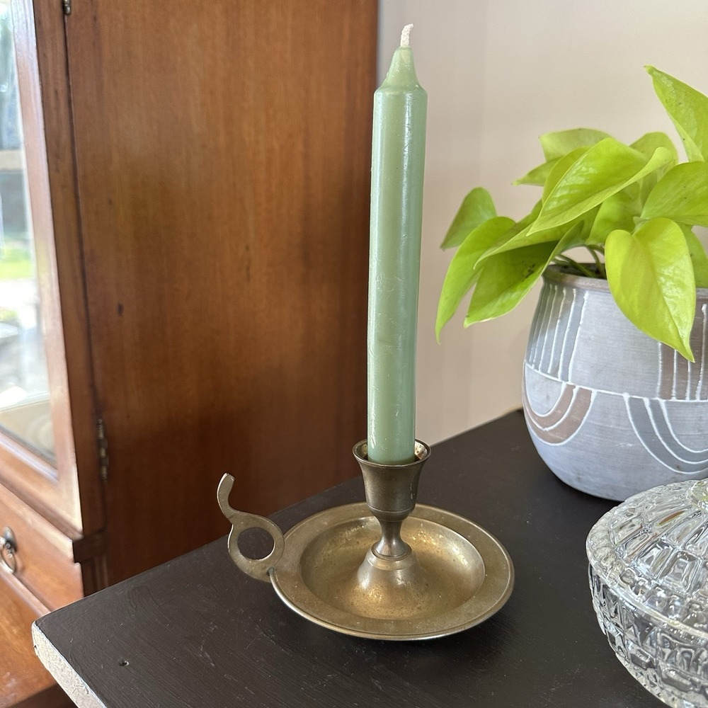 VTG Brass Walking Candle Holder Chamberstick Finger Loop Decor Cottagecore